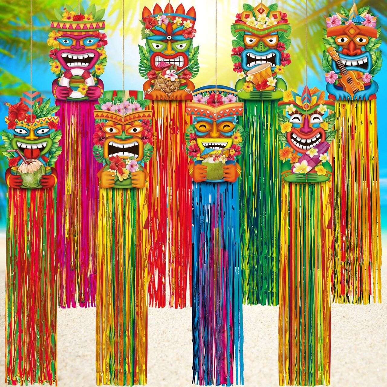 8 Pcs Summer Hawaiian Luau Party Decoration Tiki Totem Hanging Decorations with Tassels for Aloha Hawaii Luau Tropical Birthday Party Supplies